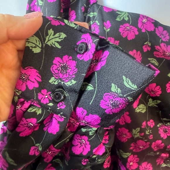 Leith Black Fuschia Floral Long Sleeve Button Up Elastic Shoulder‎ Blouse 1X - Picture 5 of 10